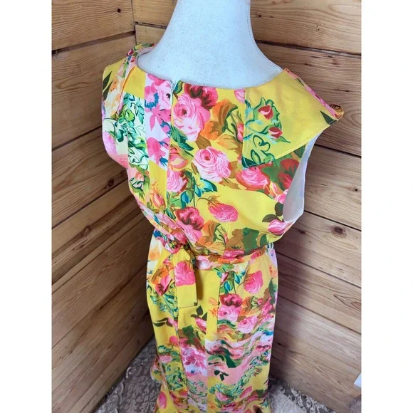 Cleo Yellow Floral Ruffle Hem Maxi Dress Sleeveless Tie Waist XS - Picture 9 of 12